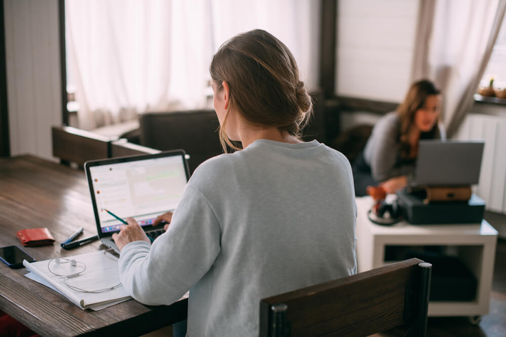 Women work with laptops at home in the living room